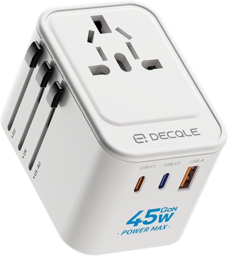 D DECQLE Universal Travel Adapter, International Travel Plug Adapter with 2 USB-C(GaN 45W) ＆ 1 USB-A Ports, All in One Portable Adaptor, for USA, UK, EU, AU ＆ 224+ Countries (White) US - Image 1